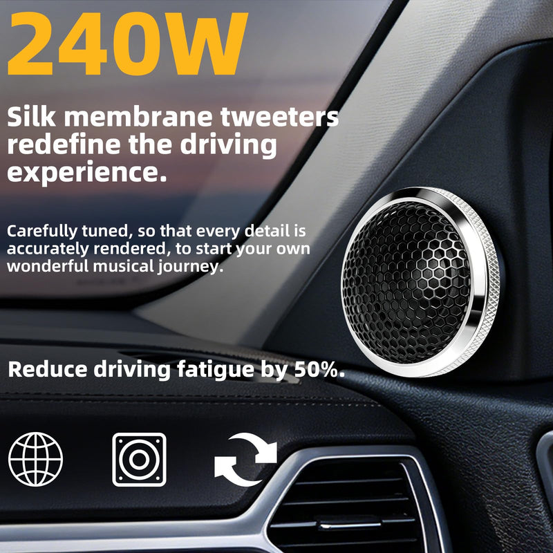 Upgraded 1-Inch Car Tweeters – 240W Neodymium Silk Dome High-Frequency Super Tweeters with Built-in Crossover & Bass Blocker – 4-Ohm, Flush/Surface Mount Kit for Crisp Highs – Easy Instal silvery Silver 01b
