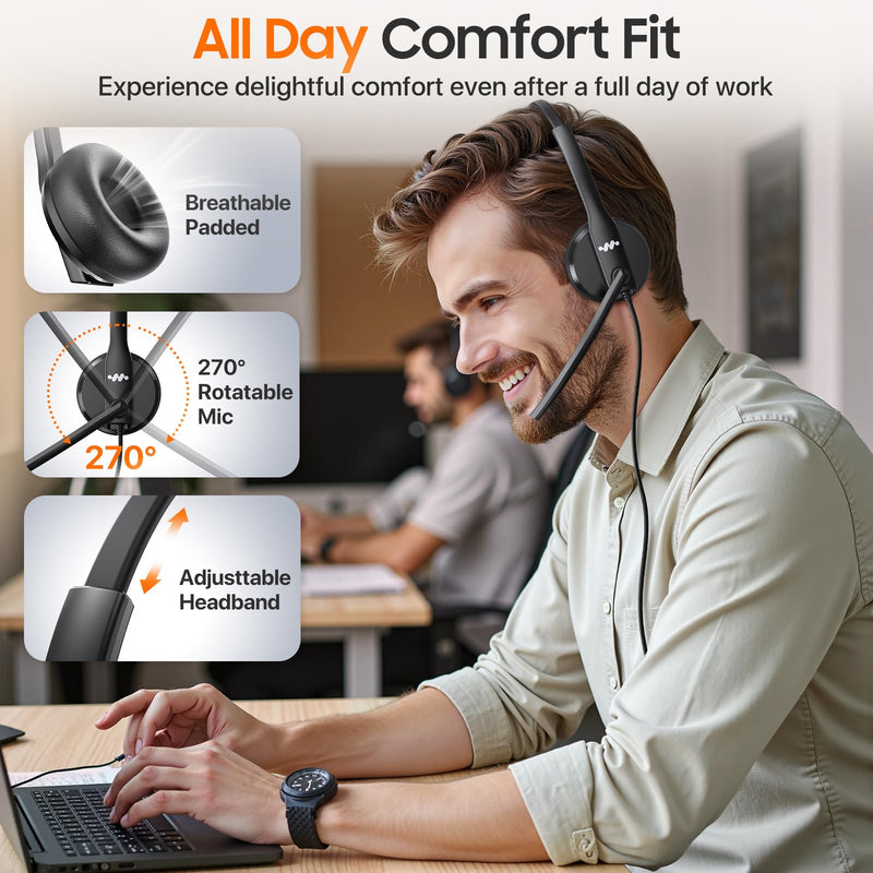 [AUSTRALIA] - USB Headset with Microphone for PC，Wired Computer Laptop Headset with Noise Cancelling Microphone, Work Headphones with Mic for Home Office Teams Zoom (USB-A&C)-Black Black 