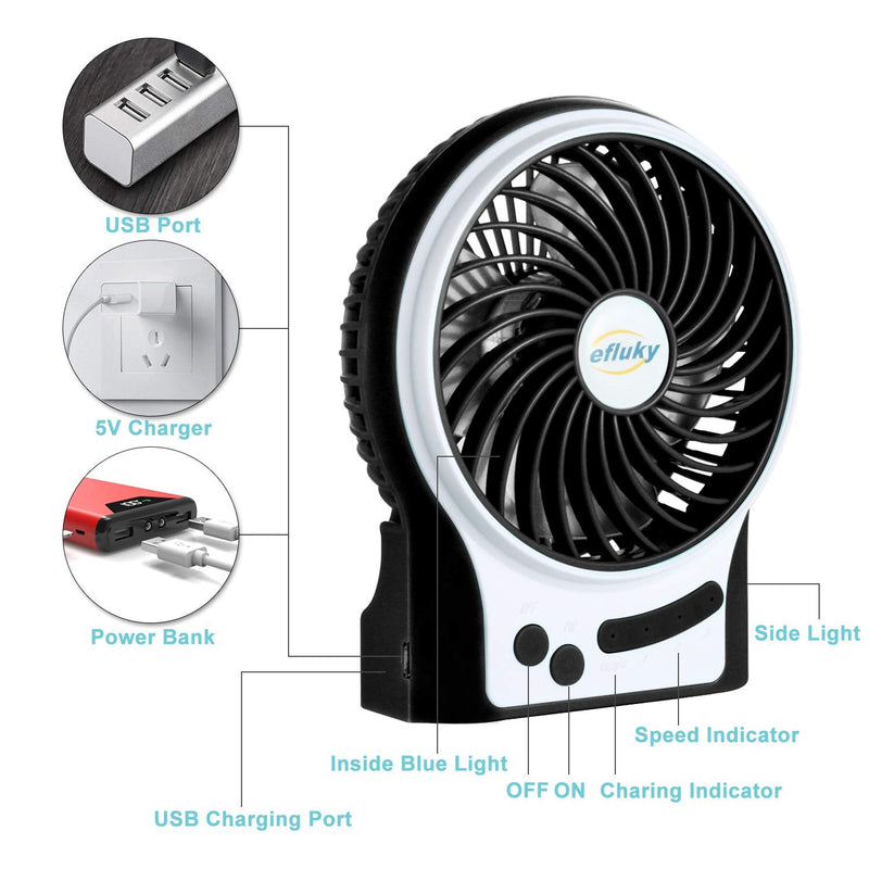 efluky 3 Speeds Mini Desk Fan, Rechargeable Battery Operated Fan with LED Light and 2200mAh Battery, Portable USB Fan Quiet for Home, Office, Travel, Camping, Outdoor, Indoor Fan, 4.9-Inch, Black
