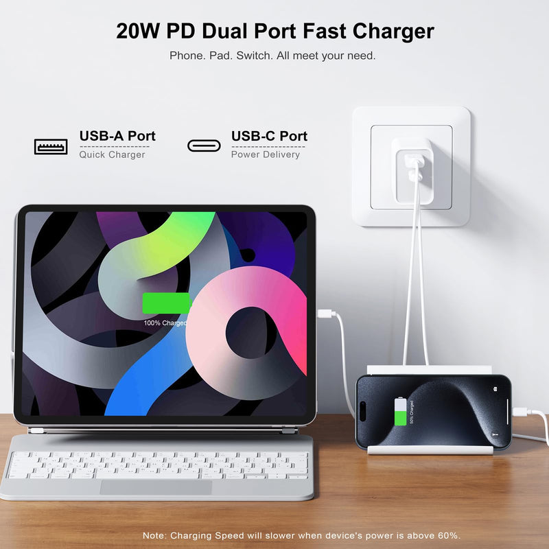 [3 Pack] USB-C Wall Charger, 20W Durable Dual Port QC+PD 3.0 Power Adapter, Double Fast Plug Charging Block for iPhone 14/14 Pro/13/15/15 Pro/Pro Max/Plus, XS/XR/X, Watch Series 8/7 Cube(White) White