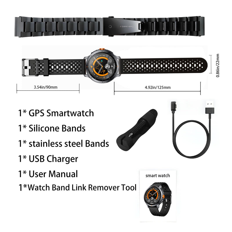 Rugged Smart Watch, 1.6" AMOLED GPS, 5ATM Waterproof - Black | 1.6" AMOLED rugged GPS watch, 5ATM waterproof, SOS button, altimeter, barometer, compass, 450mAh, 2 bands