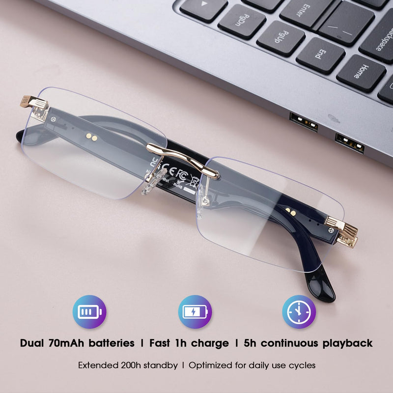 AI Translation Glasses with 164 Languages, Rimless Bluetooth Audio, Silver | 164-Language Real-Time Translation, Smart Speakers, Voice Assistant, Rimless Design for Travel, Work & Study