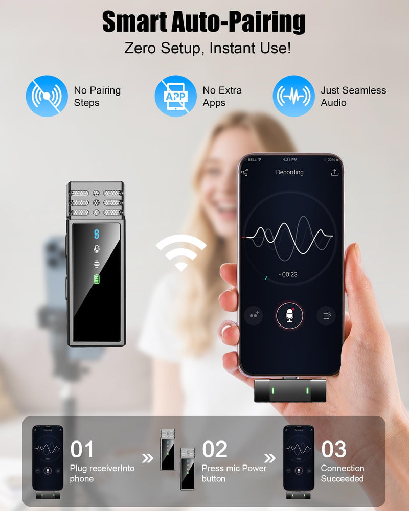 [AUSTRALIA] - Wireless Lavalier Microphone for iPhone 14/13/12/11 Series, Lapel Mic with All-in-One 24H Charging Case, Noise Reduction, Play Clip Mic for Video Recording,YouTube, TikTok, Podcast, Vlog Black Lighting 