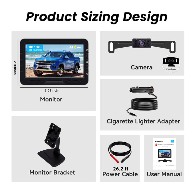 Backup Camera HD 1080P Wired Easy Setup Plug-Play Rear View License Plate Bracket Camera Motion Detection IP69 Waterproof - 4.3 inch Monitor Full Color Clear Night Vision Camere for Car Truck SUV RV