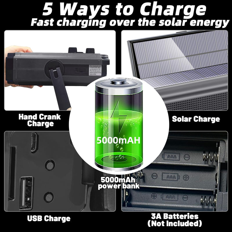 Emergency Crank Weather AM/FM Radio with 2 Solar Panels 5 Charging Modes NOAA Weather Scan 3 Modes Flashlight Cell Phone Charger SOS Alarms for Home Outdoor (Gray) Gray