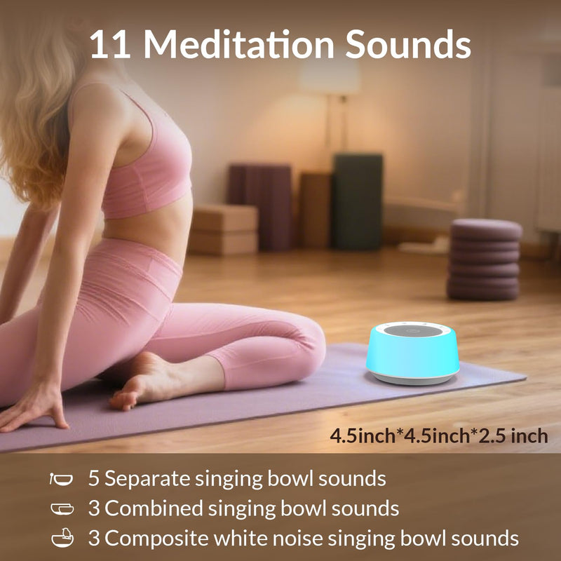 Kipcush Tibetan Singing Bowls Sound Machine - 11 Different Sized Sound Bowls with Night Light for Yoga, Meditation, Mindfulness, Healing, Chakra Healing and Stress Relief, Timer, Plug in Small
