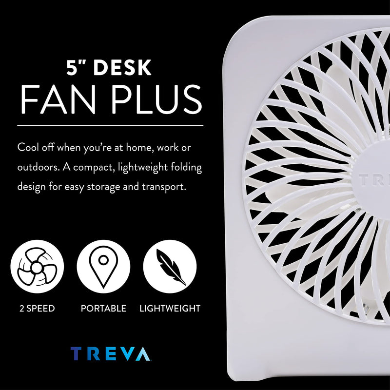 Treva 5-Inch USB And Battery Powered Desk Fan, With 2 Cooling Speeds And Adjustable Tilt (White)