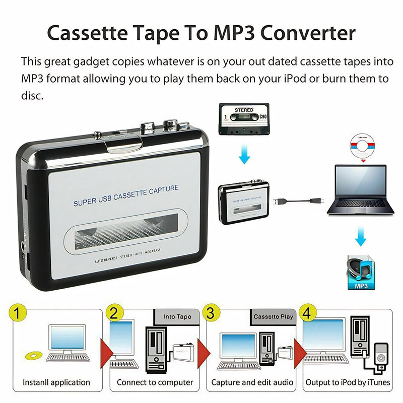[AUSTRALIA] - Cassette to MP3 Converter with USB Power Supply, Plug and Play Tape Player for MP3 Conversion, Includes Audacity Software 