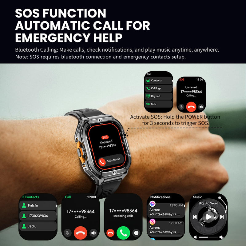 GPS Smart Watch for Men Barometer Compass Make/Answer Calls Tactical 100+ Sports Modes 1.96" AMOLED DIisplay Smart Watches Heart Rate Sleep Tracker Message Reminder black