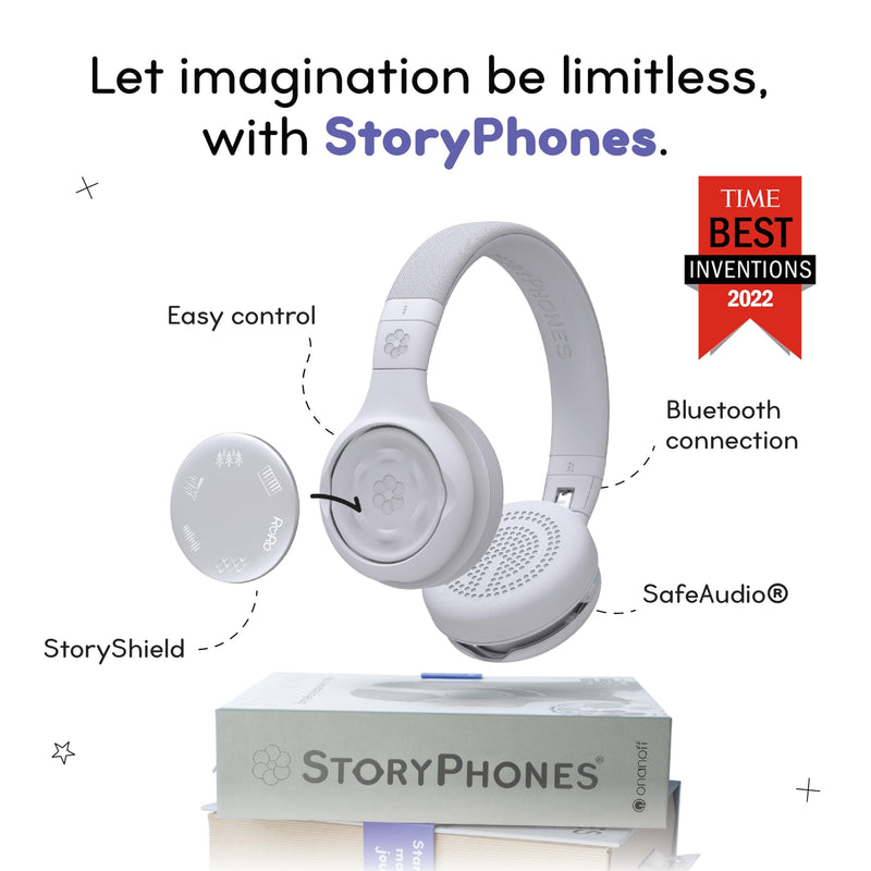STORYPHONES, Storytelling Foldable Bluetooth Kids Headphones-Intro Bundle with ZenDisk and PlayShield, Perfect for Travel, Learning, Screen-Free Entertainment, Stories and Music by Onanoff (Grey) Grey