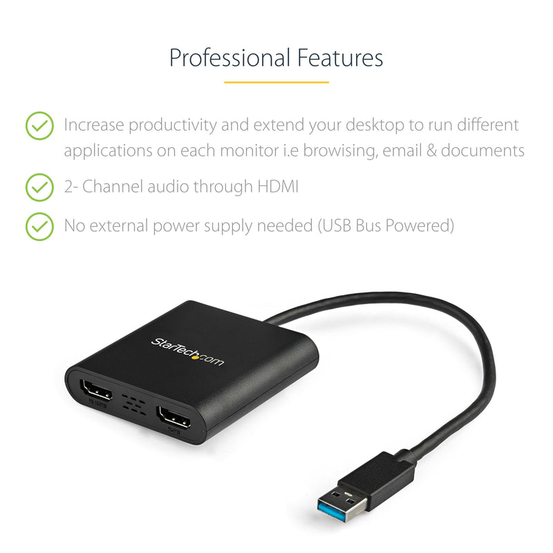 StarTech USB-A 3.0 to Dual HDMI Adapter, 4K 30Hz + 1080p 60Hz, Windows only | USB 5Gbps to 2x HDMI external graphics, 1x 4K 30Hz + 1x 1080p 60Hz, Extend or mirror