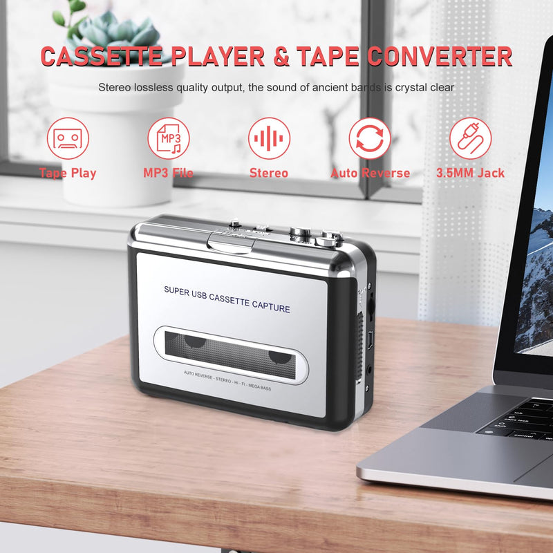 [AUSTRALIA] - Cassette Player - Compact Tape Player Portable Recorder with Earphone-Convert Audio Music Cassette to MP3 Digital, Compatible with Laptop/PC/MAC- for Entertainment, Travel, Light Sports(Silver) silver 