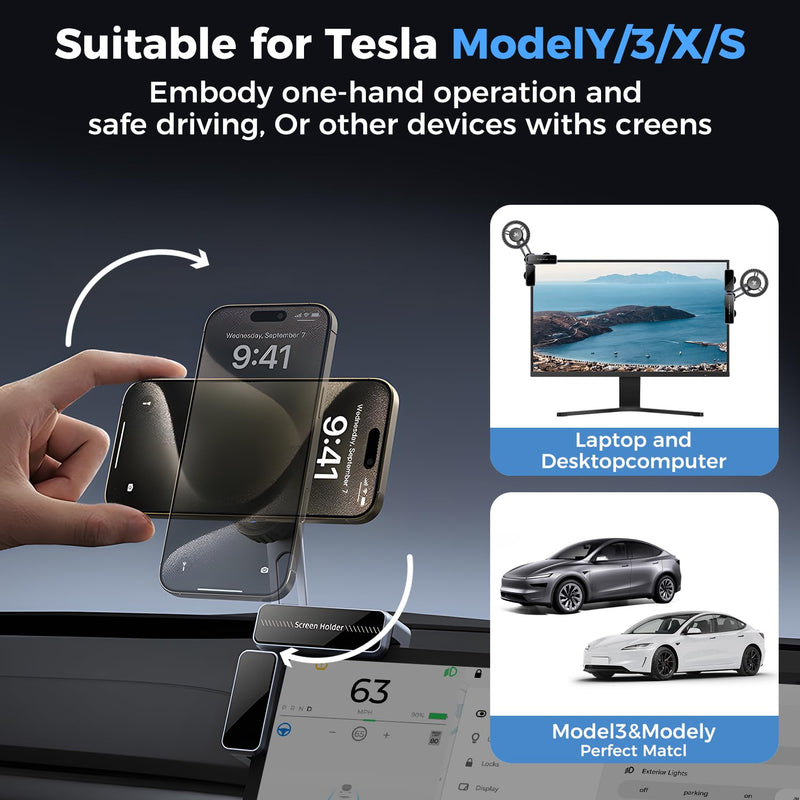 Phone Mount for Tesla, 360° Adjustable Universal Magnetic Car Phone Holders for Tesla Model Y/3/S/X/Cybertruck Screen for iPhone 17/16/15/14/13/12 Series