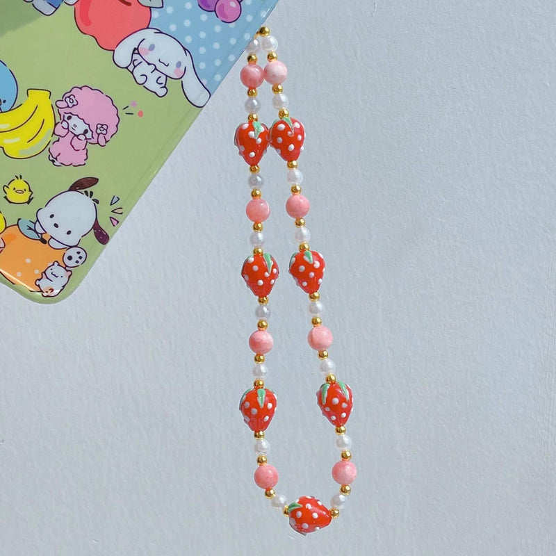 Pink Blue Red Strawberry Beaded Phone Charm Sweet Fruit Pearl Lanyard Wrist Strap Handmade Beads Anti Lost Phone Chain Keychain Gifts for Women Girls style-1
