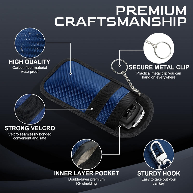 JUSTTOP 2PCS Faraday Pouch for Car Keys, Faraday Key Fob Protector, 3.15"X5.12" Double-Layer Carbon Fiber Material Anti-Theft Faraday Bag | Car RFID Signal Blocking Holder(Blue) Small-Blue