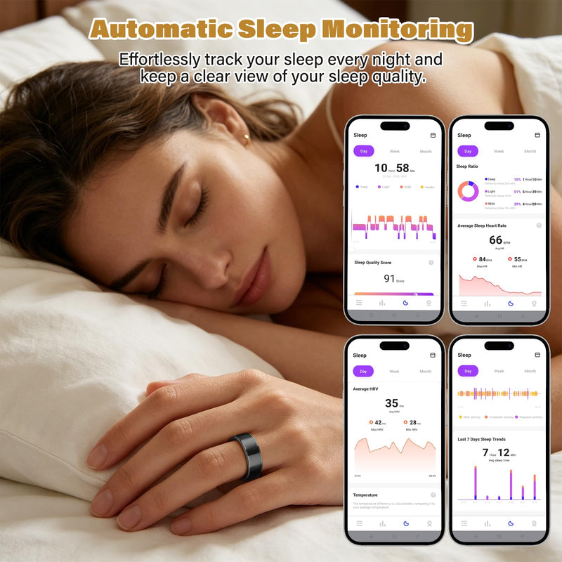 Smart Fitness and Activity Ring for Men and Women – Track Heart Rate, Sleep, Stress, Steps & More, Waterproof Fitness Tracker for iPhone and Android, No Subscription Fee, Black 11#