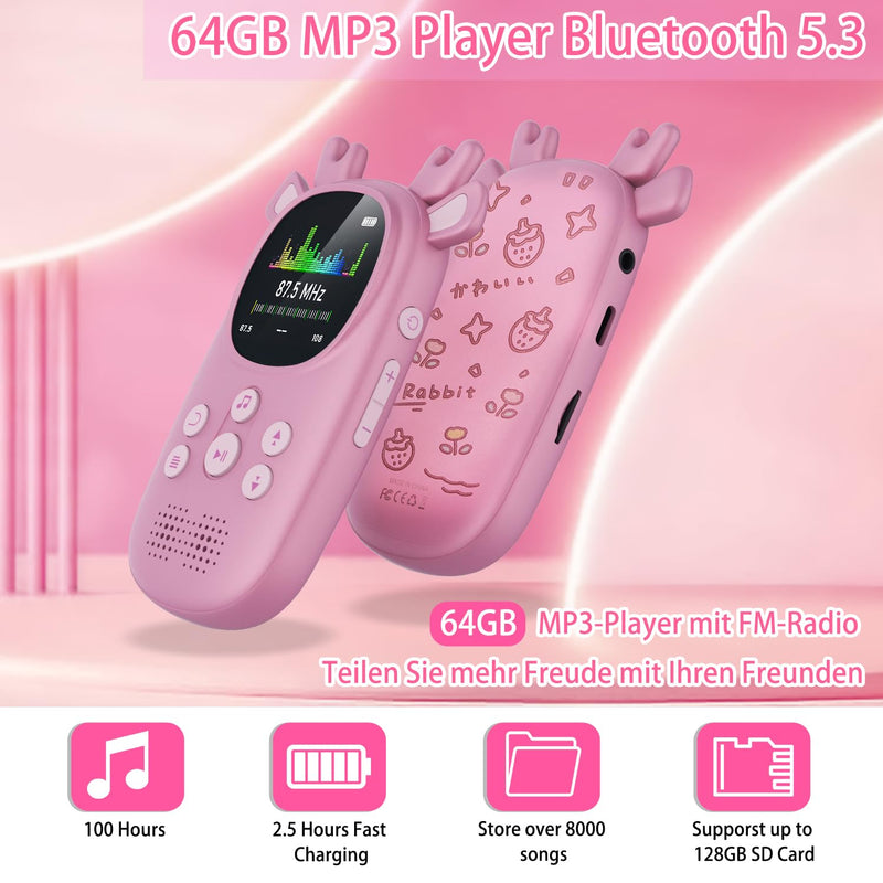[AUSTRALIA] - 64GB MP3 Players for Kids, Cute Reindeer Portable Music Bluetooth Kid MP3 Player, Child MP3 Player with Bluetooth 5.3,Speaker, FM Radio, Alarm Clock, Voice Recorder, Stopwatch (Support up to 128GB) 64GB Pink 
