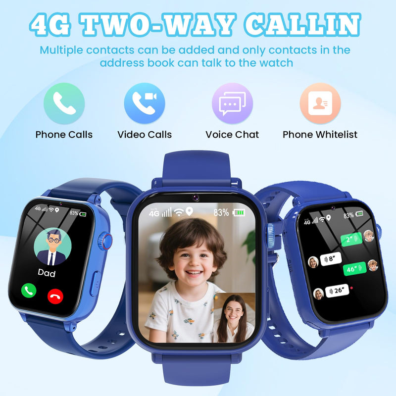 4G Kids Smart Watch for Boys Girls, Kid Watch Phone Ages 4-12 with Call, GPS, SOS, Video Call, Games, Camera, Alarm, Touchscreen Smartwatch for Children Birthday Gift (Includes SIM Card),Navy Blue Navy Blue