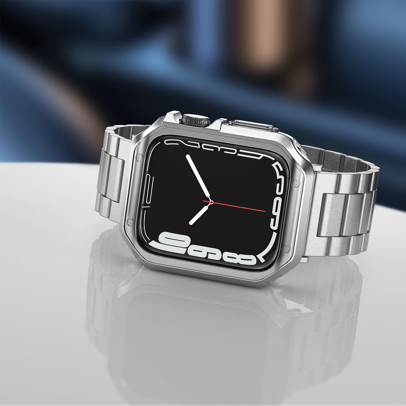 3 Pack Designed for Apple Watch Band, Wrist-Band for i-Watch Series 9 8 7 6 5 4 3 2 1 SE, Stainless Steel Metal Chain with TPU Cover Case, Smart-Watch Link Bracelet Strap, 45 44 42 41 40 38mm Gold+Silver+Black 45/44/42mm