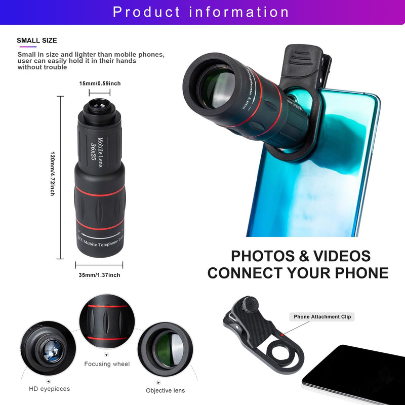 [AUSTRALIA] - 36X Long Focus Telephoto Phone Lens for iPhone and Android, Zoom Cellphone Camera Lens with Phone Clip for Picture Video Taking 