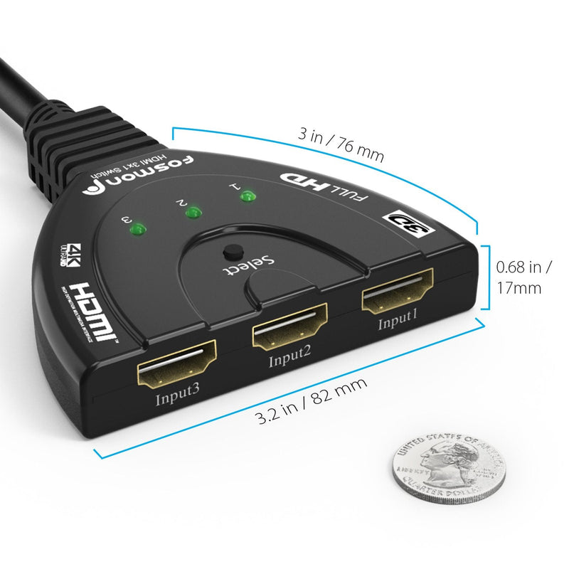 Fosmon 4K HDMI Switch 3 in 1 out 4K@30Hz, 3-Port HDMI Splitter Hub Switcher Auto Switching UHD 3D HDR HD 1080P HDCP, for HDTV, PS5/4, Xbox, Fire Stick 3-Port / 4K@30Hz