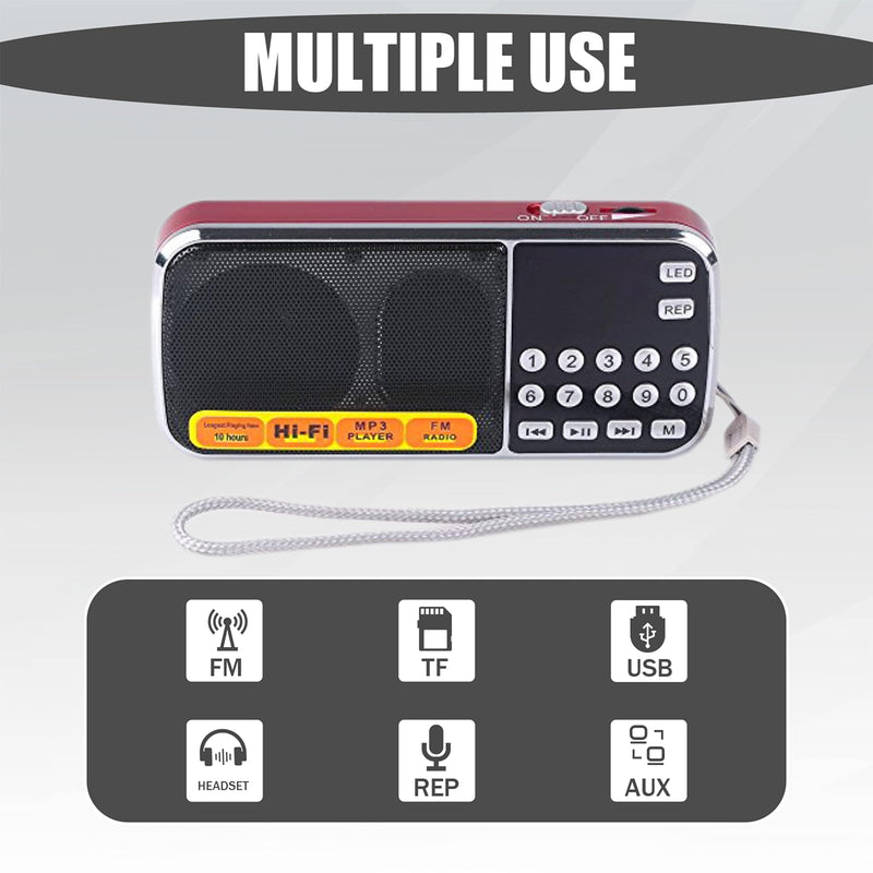 Leting Portable AM/FM Radio and MP3 Speaker, Mini Rechargeable Radio with 0-9 Number Keys for Direct Song & FM Tuning, TF Card/USB Support, Built-in Flashlight, Clear Reception (Red) RED