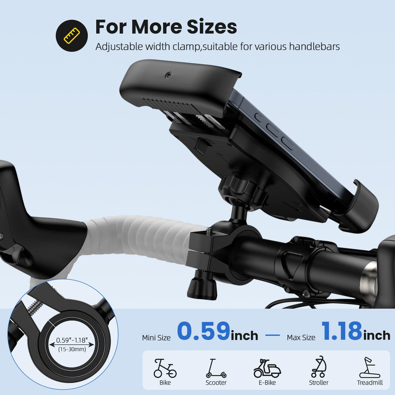 Bike Phone Holder, Motorcycle Phone Mount 360°Rotatable Handlebar Cell Phone Clamp Scooter Phone Clip for iPhone 15 Pro Max/Plus,14/13/12/11,Galaxy S24 Ultra/S23/A15/A54/S9 and More 4.7"-7.3" Phones