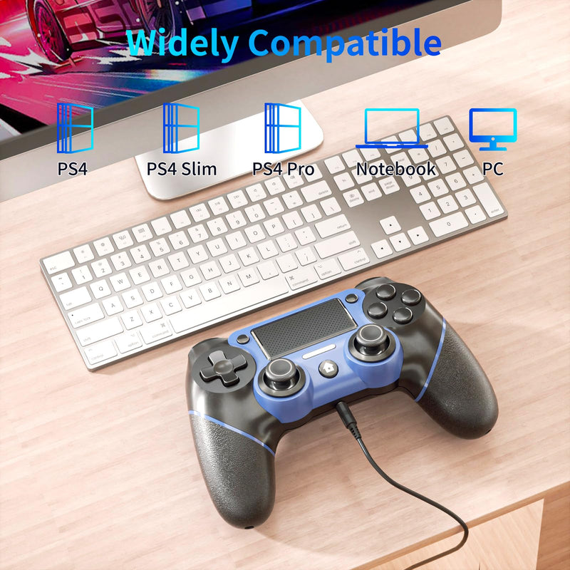 Wireless Controller for P4, Remote Control Compatible with Playstation 4/ Slim/ Pro/ PC, Gaming Controllers with Double Vibration /6-Axis Motion Sensor /Programmable Back Buttons【Upgraded Version】 Blue-Black