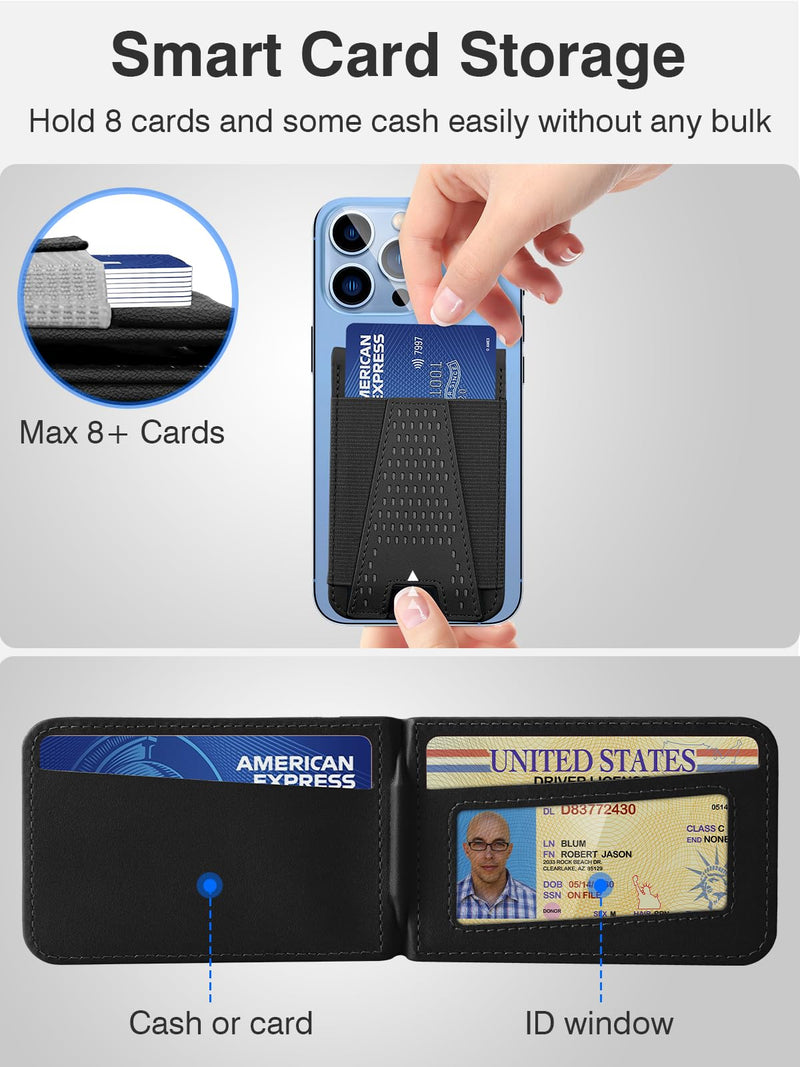 HiWe for Magsafe Wallet Stand, Strong Magnetic Wallet for iPhone 15/14/13/12 Series, for iPhone Magsafe Wallet with 3 Card Slots, Open ID Window, 10 Cards Holder, Slim, Vegan Leather, Dark Black