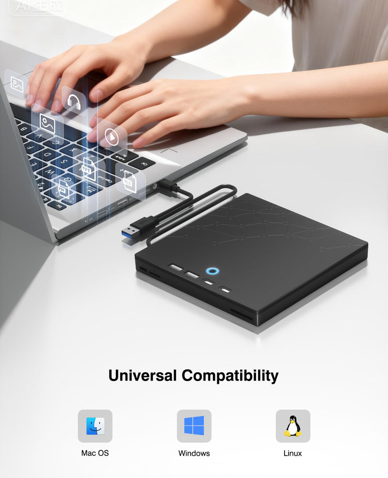 External CD/DVD Drive for Laptop, DVD Burner CD Reader for Laptop, 8-in-1 USB 3.0 Portable CD Players with SD/TF Ports, External Disk Drive Optical for MacBook Windows 11 10 PC Linux (Black with bag) Black with bag