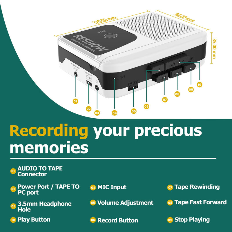 Reshow Portable Cassette Player with Built-in Speaker and Headphone Jack, USB C Cassette to MP3 Converter, Reverse Recording to Tape, Walkman Cassette Recorder, Full Stereo Sound-White White