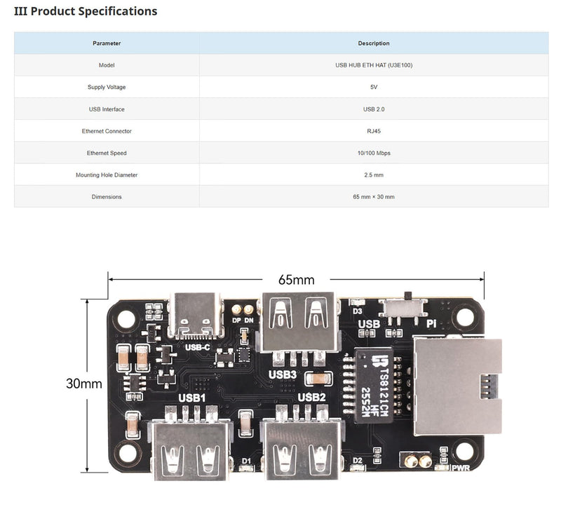 Fits Raspberry Pi USB Hub Ethernet HAT, 3-Port USB 2.0 Expansion Board with RJ45 10/100Mbps LAN Adapter, Type-C Power/PC Connection, USB Upstream Slide Switch, Status LEDs, for Raspberry Pi Series
