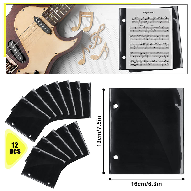 12 Pieces Flip Folder Pages Flip Folio Marching Band Music Files Holder Sheet Musical Flip Folder with 2 Holes 7.5 x 6.3 Inches PVC Waterproof Window Pages for Music Files (Black, Single Side) Black