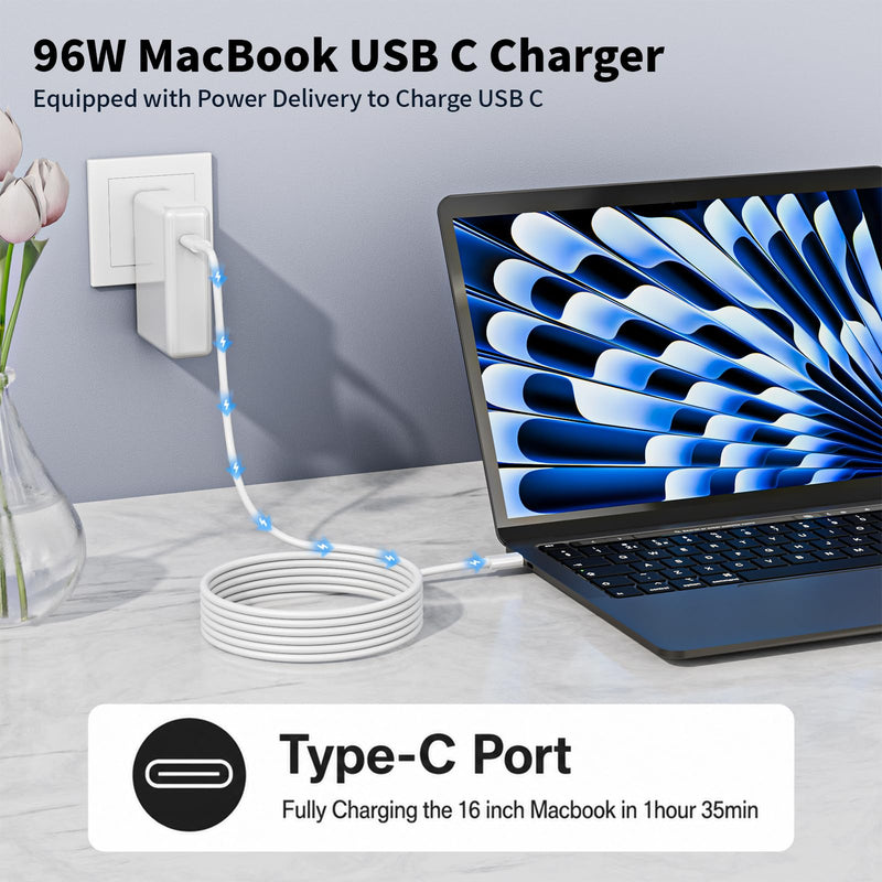 Mac Book Pro Charger - 96W Apple USB C Fast Charger Power Adapter with 6.6FT Long USB C Cable,Compatible with MacBook pro/Air 16 15 14 13 Inch/ipad Pro and All USB C Device, Extra Storage Bag Included