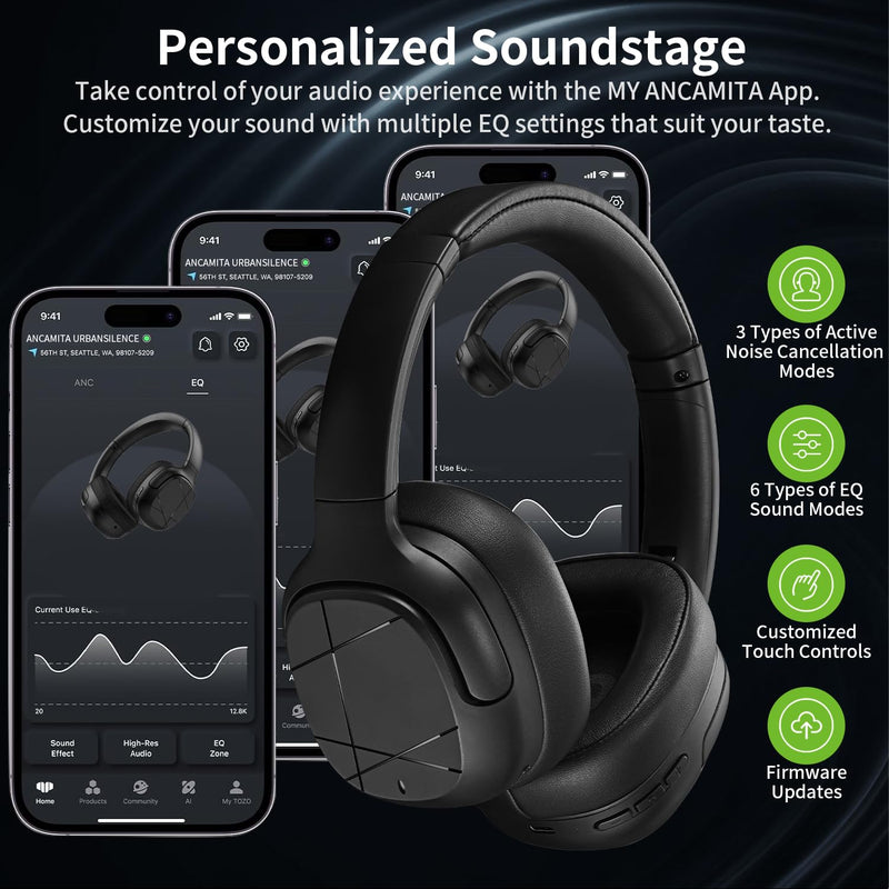 Active Noise Cancelling Headphones, Wireless Over-Ear Bluetooth, HiFi deep bass, Foldable Headphones, Transparent Mode, 50H Long ANC Playtime, Durable Headset for Traveling/Gym Use/Home (Black) Black