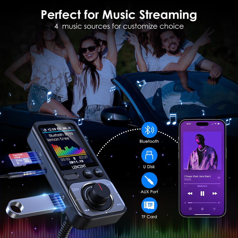 LENCENT Bluetooth 5.0 FM Transmitter for Car, AUX Car Radio Adapter, Big Color Screen, MP3 Music Player TRE&BASS Booster, QC3.0 Fast Charger, Wireless Microphone Support Hands-Free Siri Google TF Card