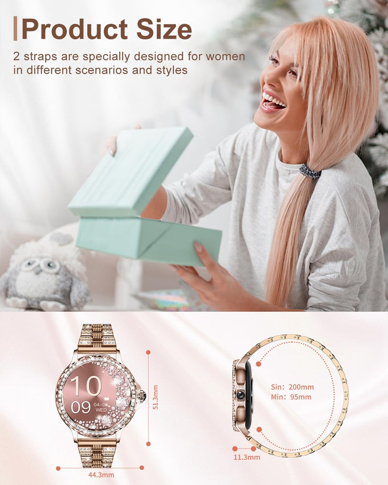 Smart Watches for Women(Make/Answer Call) with Diamond:1.3" Fitness Tracker Watch for HR/Blood Pressure/SpO2/Sleep Monitor,Digital Running Watches for Women Android/iOS, 2 Straps Elegant Rosegold