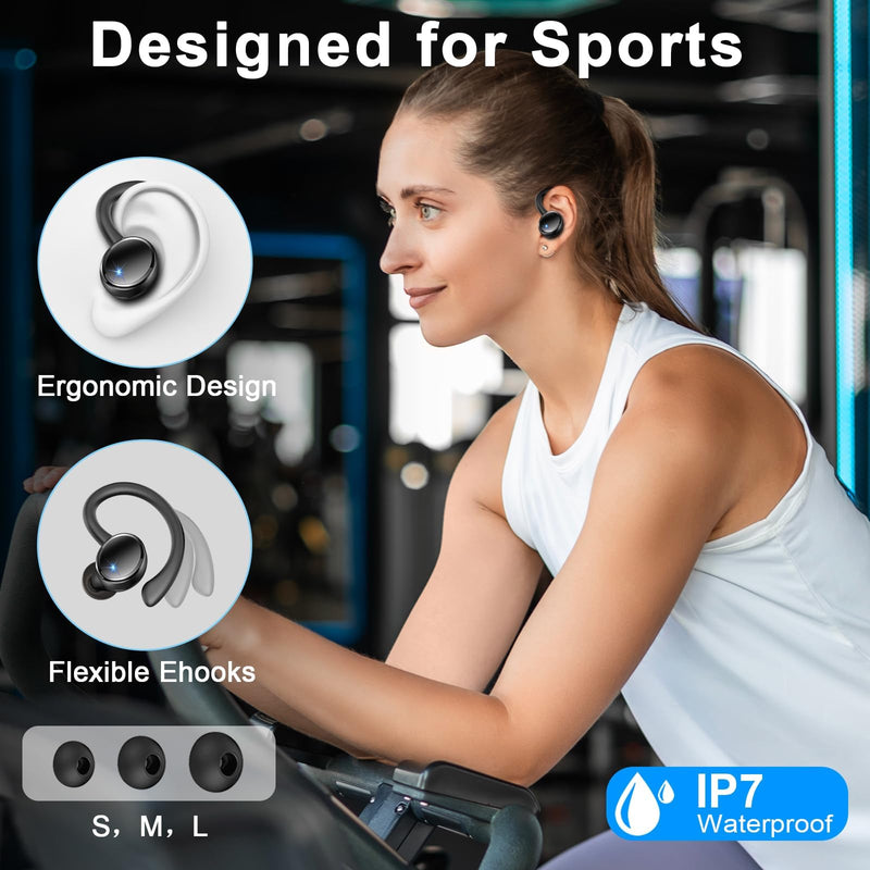 Wireless Earbuds, Bluetooth 5.4 Headphones, 75H Deep Bass Sound, Earhook | Sport, Over Ear Buds, 4 ENC Noise Cancelling Mic, Dual LED Display, IP7 Waterproof Earphones, Workout, Running, Gym Jet-Black