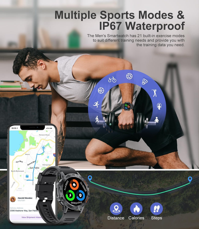 SUNKTA Smart Watches for Men(Answer/Calls),1.39 inch Touchscreen/5ATM Waterproof/120+ Sports Modes Fitness Watch with Heart Rate for Android/iOS Silicon Black