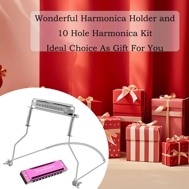 [AUSTRALIA] - Harmonica, Harmonica Holder Set, 10 Holes Harmonica Diatonic Blues Harmonica Key of C, Adjustable Professional Harmonica Holder Neck For Beginner, Students, Adult, Friends, Gift Update Pink 