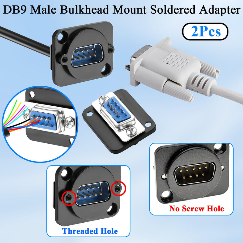 QIANRENON DB9 Panel Mount Solder Connector Serial Plug RS232 DB9 Male Bulkhead Mount Soldering Adapter D-SUB 9Pin Module Locking Screw Hole, for RS232/RS485/RS422 Serial Port COM, 2Pcs