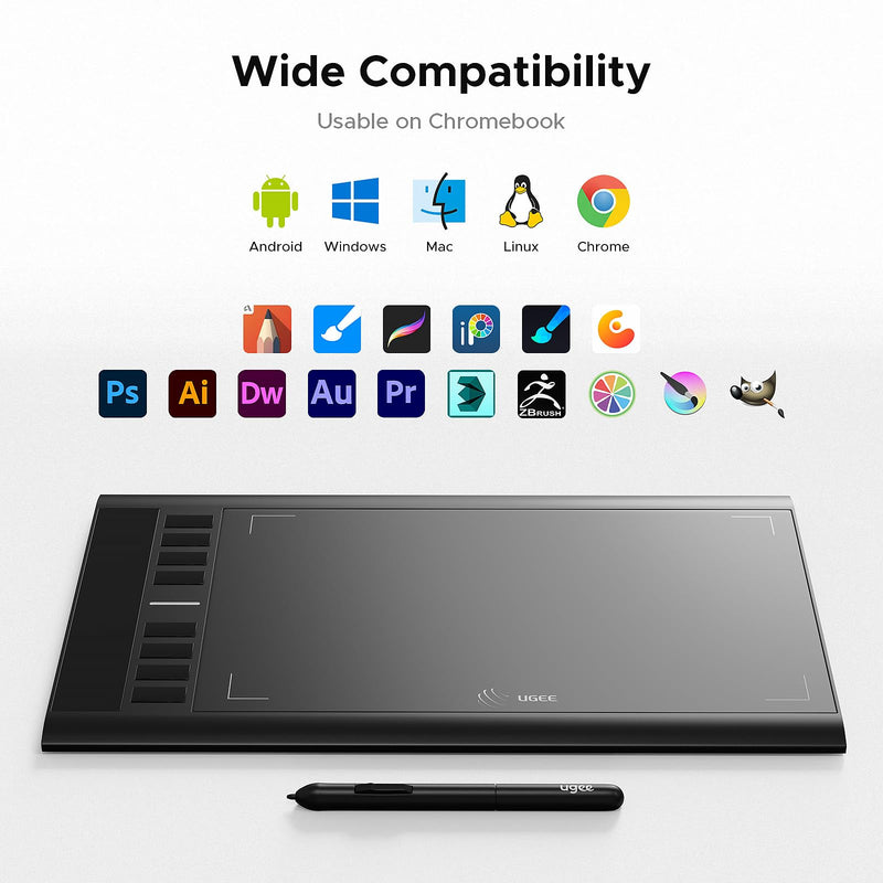 Graphics Drawing Tablet, UGEE M708 10 x 6 inch Large Digital Drawing Pad with 8 Hot Keys 8192 Levels Pen, Graphic Tablets for Computer Graphic Board Creation Sketch for PC/Laptop/Mac OS/Linux/Chrome 10 x 6 inches Wired M708 V3