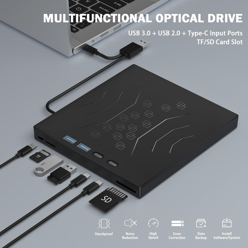 Wbacon 7 in 1 External CD/DVD Drive for Laptop, USB 3.0 External CD Drive | CD DVD +/-RW Disk Drive, Portable CD/DVD Player Burner Reader Writer for Laptop Desktop PC Windows 11/10/8/7/XP Mac Linux External DVD Drive