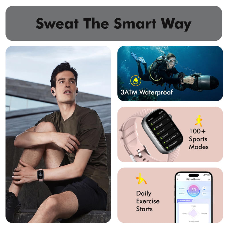 YMS Smart Watch for Women Men - (Answer/Make Calls) Compatible with iOS/Android Phones,3ATM Waterproof,Heart,Rate,Sleep,Pressure,Steps Monitor,100+ Sports Trackers (Black and Pink) Black and Pink