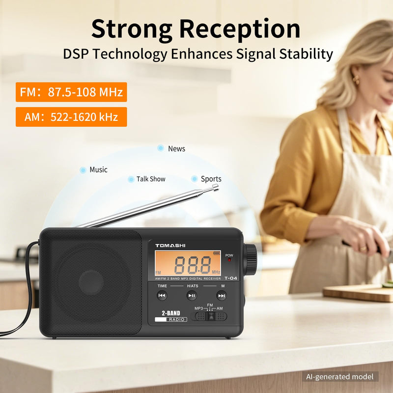 TOMASHI Portable AM FM Radio, USB-C Rechargeable Auto Scan Radio | Large tuning knob, clock display and Micro SD MP3 player. Speaker and headphone jack for home and outdoor use.