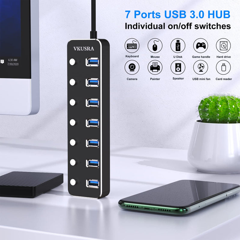 USB Hub,VKUSRA 7 Port USB Hub 3.0 with 4ft USB Extension Cable Multiple Port,Individual USB On/Off Switch and LED Indicator,USB Splitter for Laptop,Mac,Xbox,Printer, Flash Drive USB HUB 7 PORTS