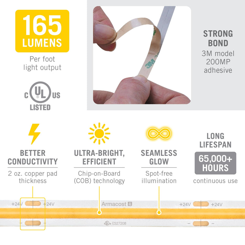[AUSTRALIA] - Armacost Lighting RibbonFlex Pro 24V White COB LED Strip Light Tape 3000K, 165 Lumens/Ft, 2.5M 171210 165 lm/ft Soft White 3000K 8.2 ft 
