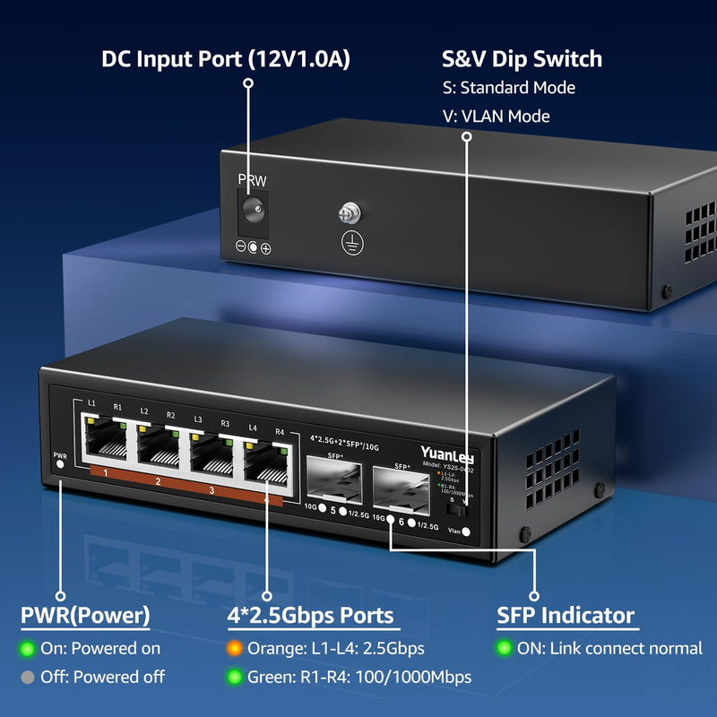 6 Port 2.5G Unmanaged Ethernet Switch, 4 x 2.5G Base-T Ports, 2 x 10G SFP, Compatible with 100/1000/2500Mbps, VLAN, Fanless, Desktop/Wall Mount YuanLey 2.5Gbe Network Switch for Wireless AP, NAS, PC Black 6 Port | 4x2.5G +2x10G SFP