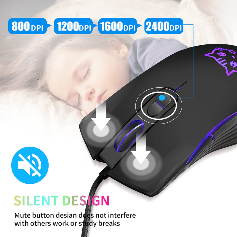 Gaming Mouse,7 Colors Backlit Optical Game Mice Ergonomic USB Wired with 2400 DPI and 6 Buttons 4 Shooting for Computer/Win/Mac/Linux/Andriod/iOS. (Black) Black