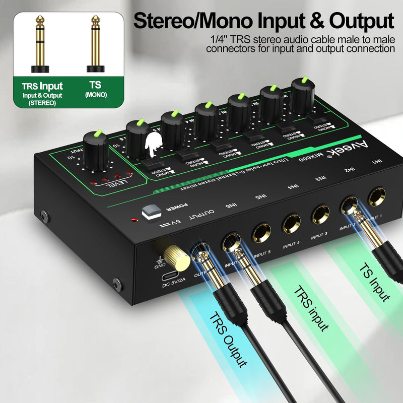 Aveek 6 Channel Mixer - Mini 6 Stereo Audio Mixer, Low-Noise for Precision Sub-Mixing,1/4" TRS Input/Output Ideal for Mics/Guitars/Bass/Stage - 3 x 5.8 x 1.3 inches